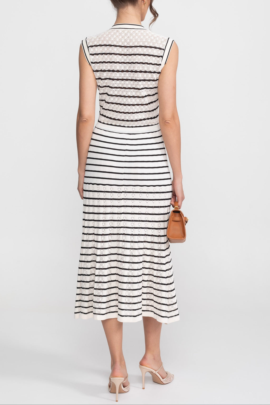Flowering Girl Women Striped Sleeveless Knit Midi Dress With V-Neck And Gold Buttons - White/Black