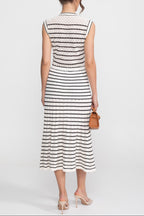 Flowering Girl Women Striped Sleeveless Knit Midi Dress With V-Neck And Gold Buttons - White/Black