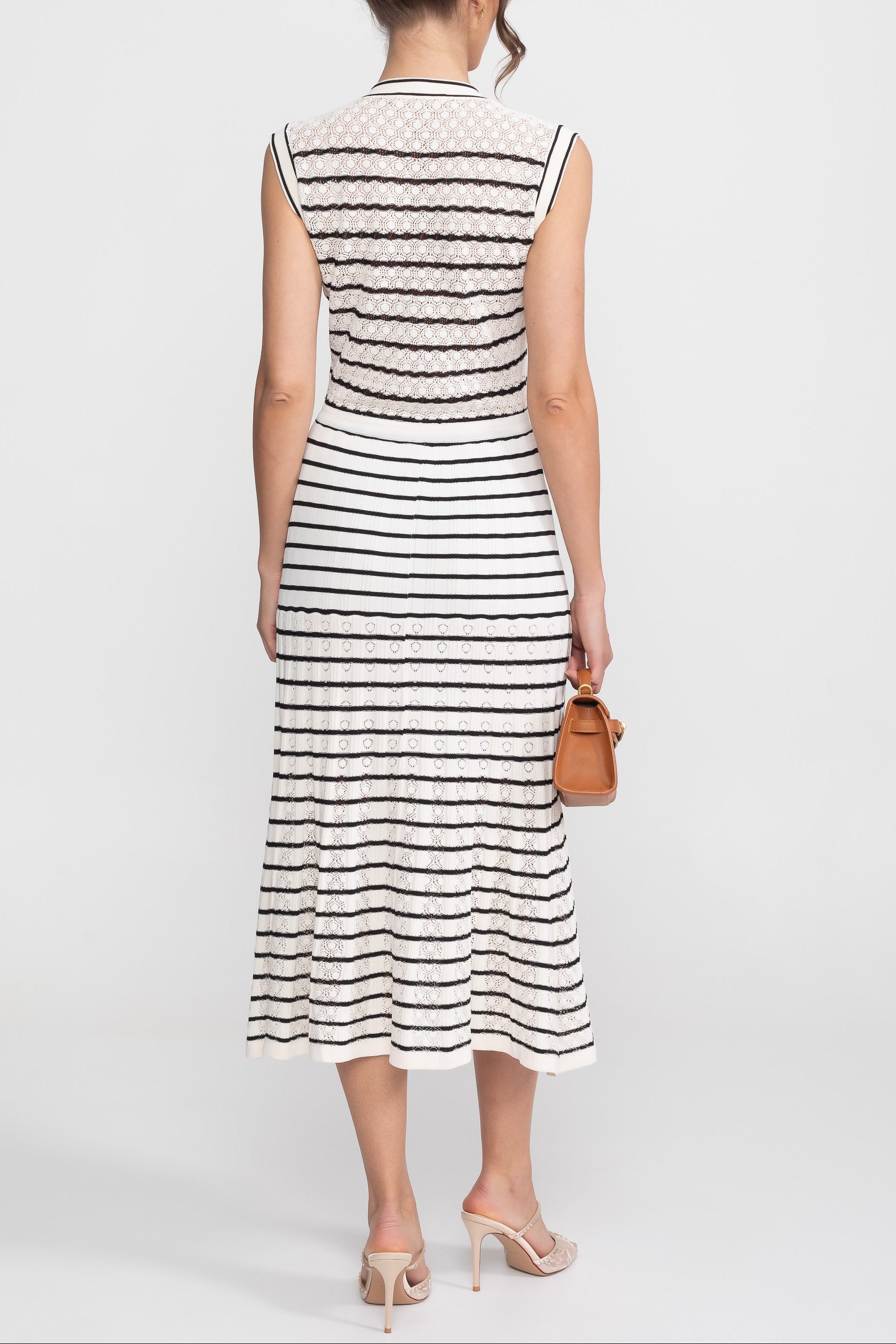 Flowering Girl Women Striped Sleeveless Knit Midi Dress With V-Neck And Gold Buttons - White/Black