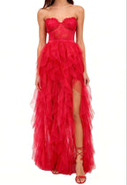 Flowering Girl Women Red Strapless Lace Patchwork Mesh Maxi Dress