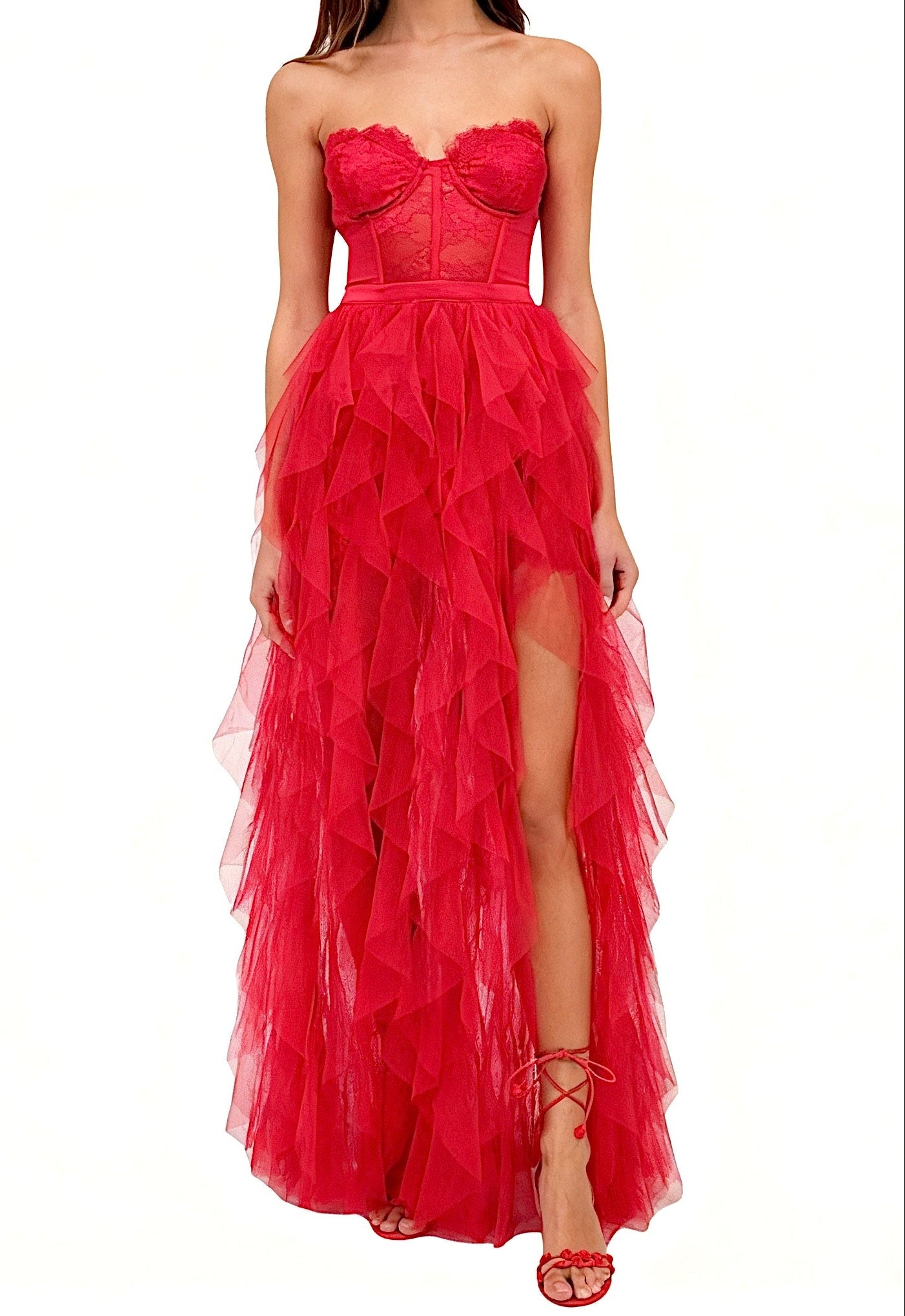 Flowering Girl Women Red Strapless Lace Patchwork Mesh Maxi Dress