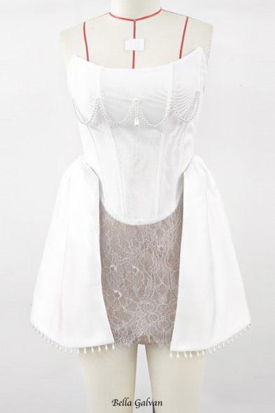 vicky pearl lace embellished bandage mini dress in white