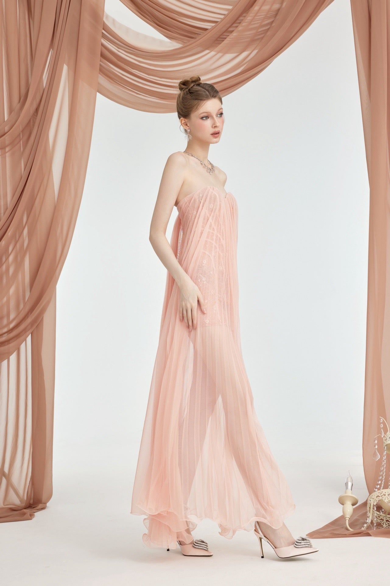 Flowering Girl Women Thea Strapless Mesh Backless Maxi Dress In Pink