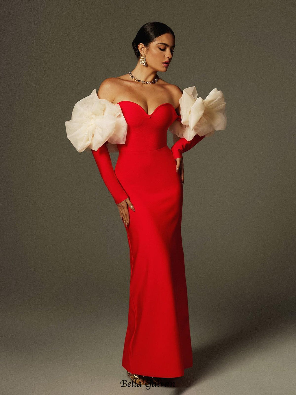 Flowering Girl Women sarah Off Shoulder Flower Bandage Maxi Dress In Red