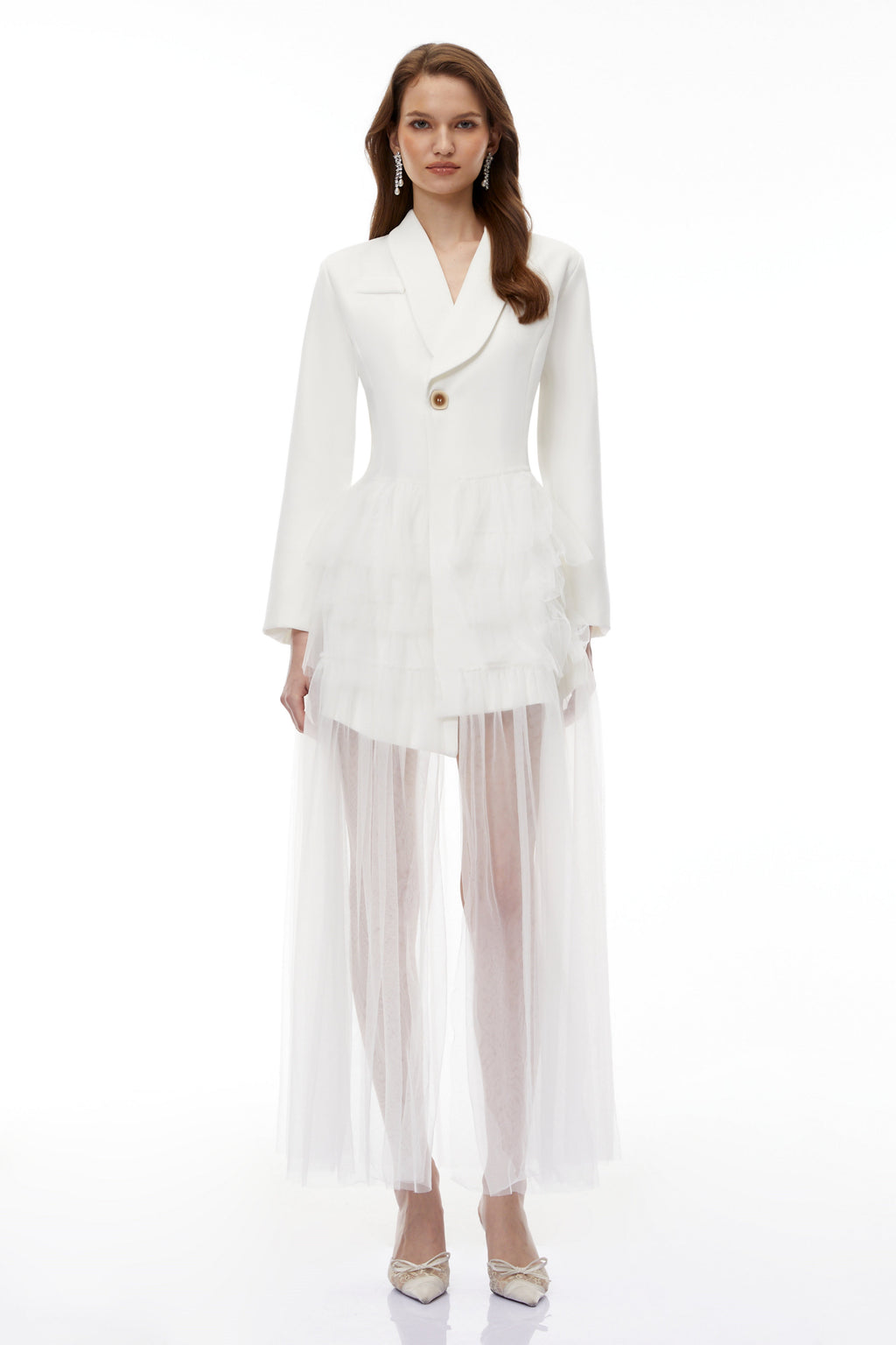 Illyria White Blazer Maxi Dress With Ruffled Tulle