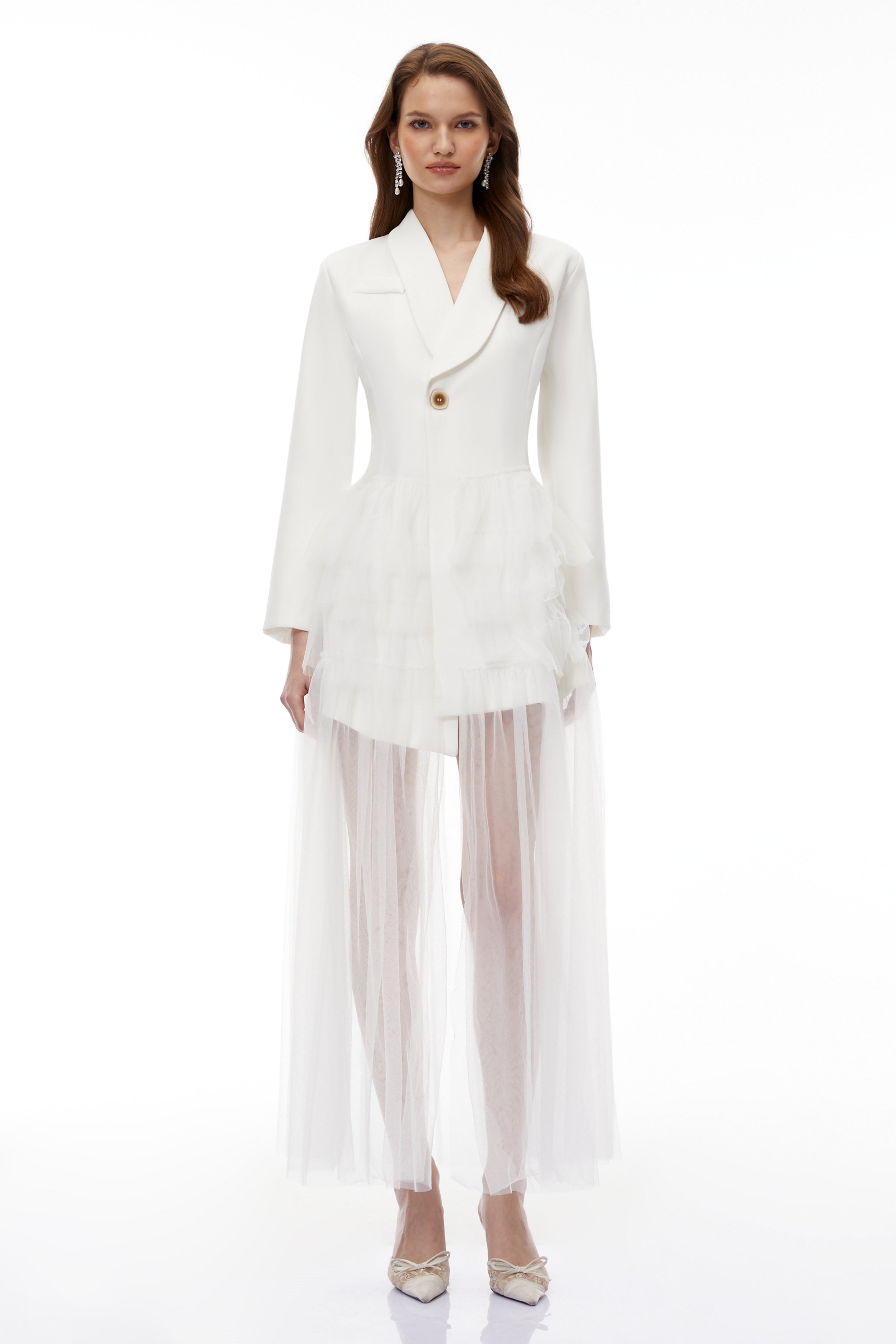 Illyria White Blazer Maxi Dress With Ruffled Tulle