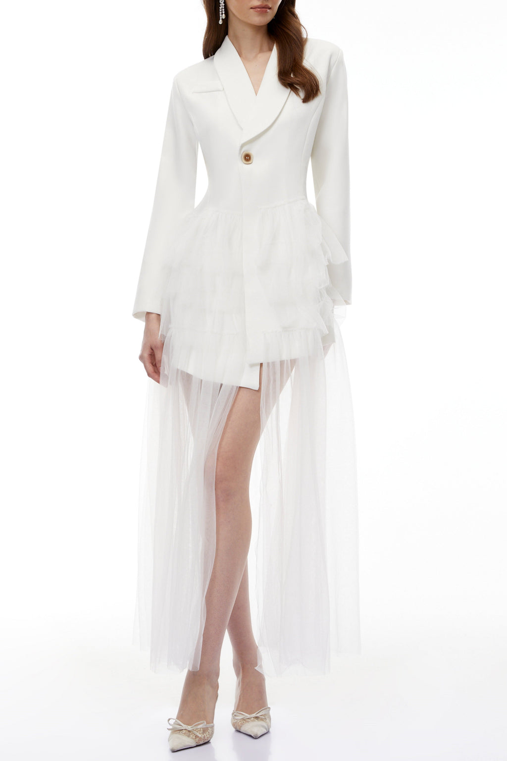 Illyria White Blazer Maxi Dress With Ruffled Tulle