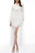 Illyria White Blazer Maxi Dress With Ruffled Tulle