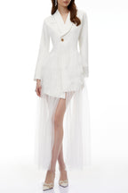 Illyria White Blazer Maxi Dress With Ruffled Tulle