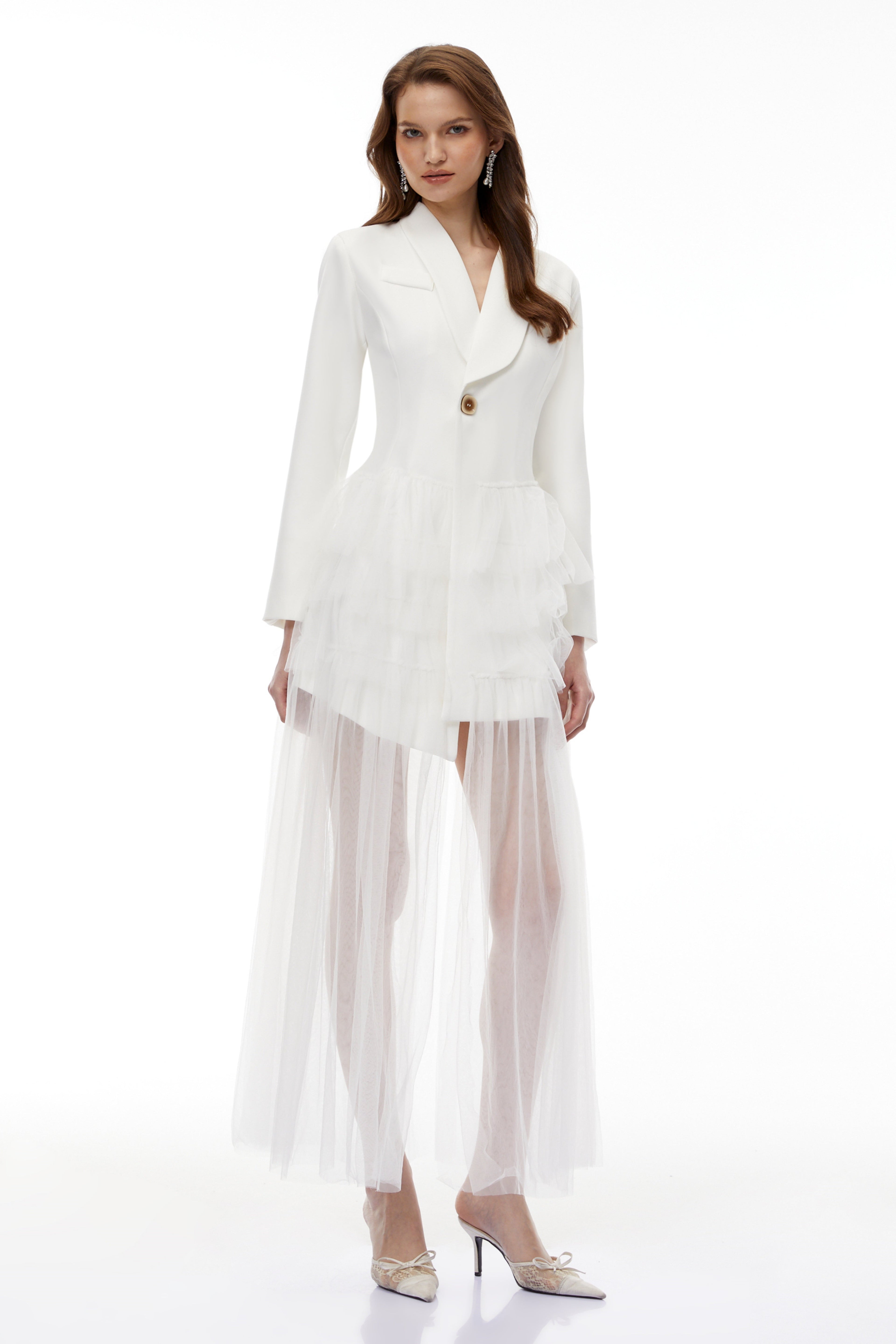 Illyria White Blazer Maxi Dress With Ruffled Tulle