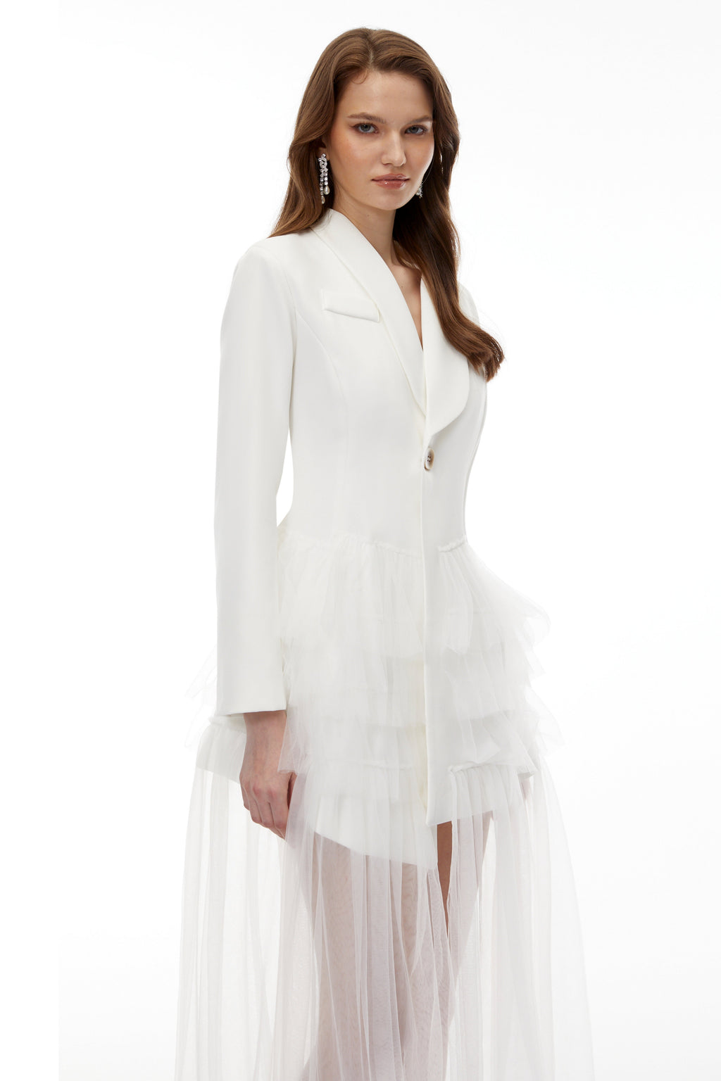 Illyria White Blazer Maxi Dress With Ruffled Tulle