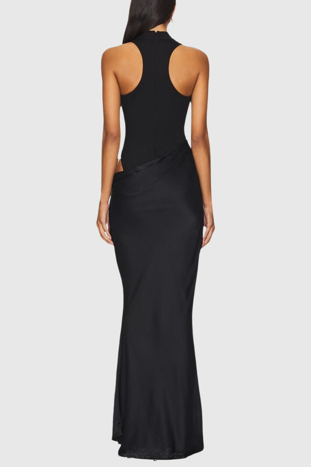 Flowering Girl Women Ilya Asymmetrical Cutout Satin Maxi Dress in Black