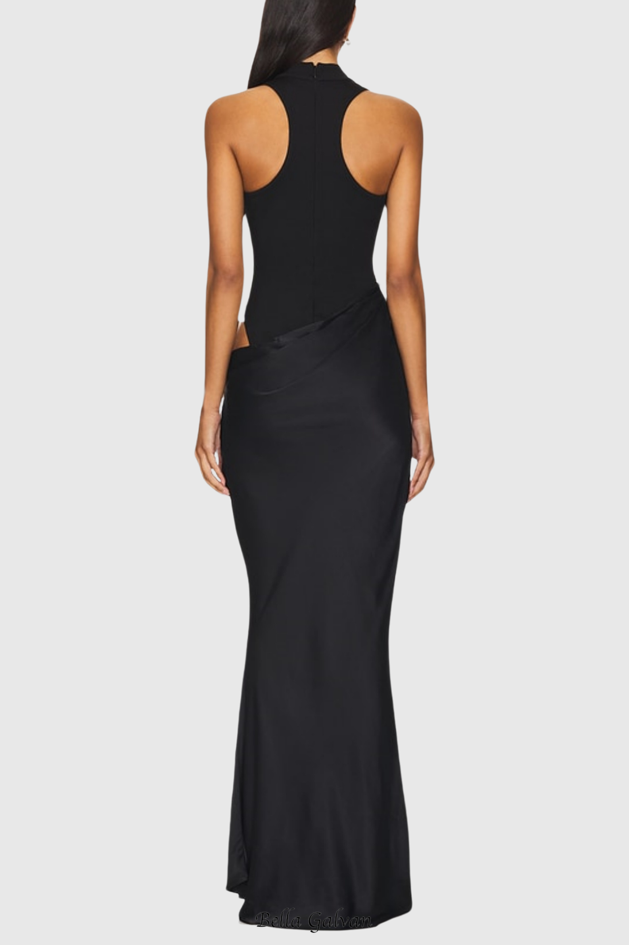 Flowering Girl Women Ilya Asymmetrical Cutout Satin Maxi Dress in Black