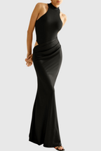 Flowering Girl Women Ilya Asymmetrical Cutout Satin Maxi Dress in Black