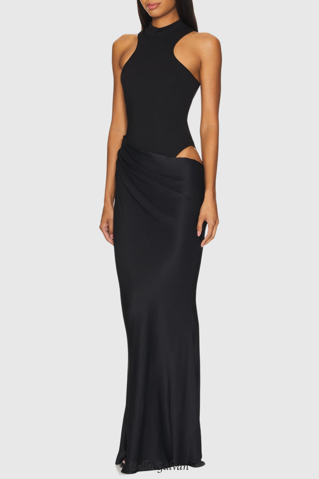 Flowering Girl Women Ilya Asymmetrical Cutout Satin Maxi Dress in Black