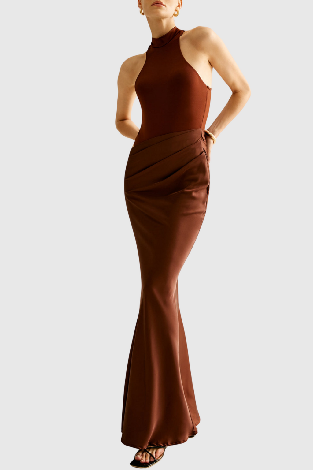 Flowering Girl Women Ilya Asymmetrical Cutout Satin Maxi Dress in Brown
