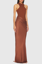 Flowering Girl Women Ilya Asymmetrical Cutout Satin Maxi Dress in Brown
