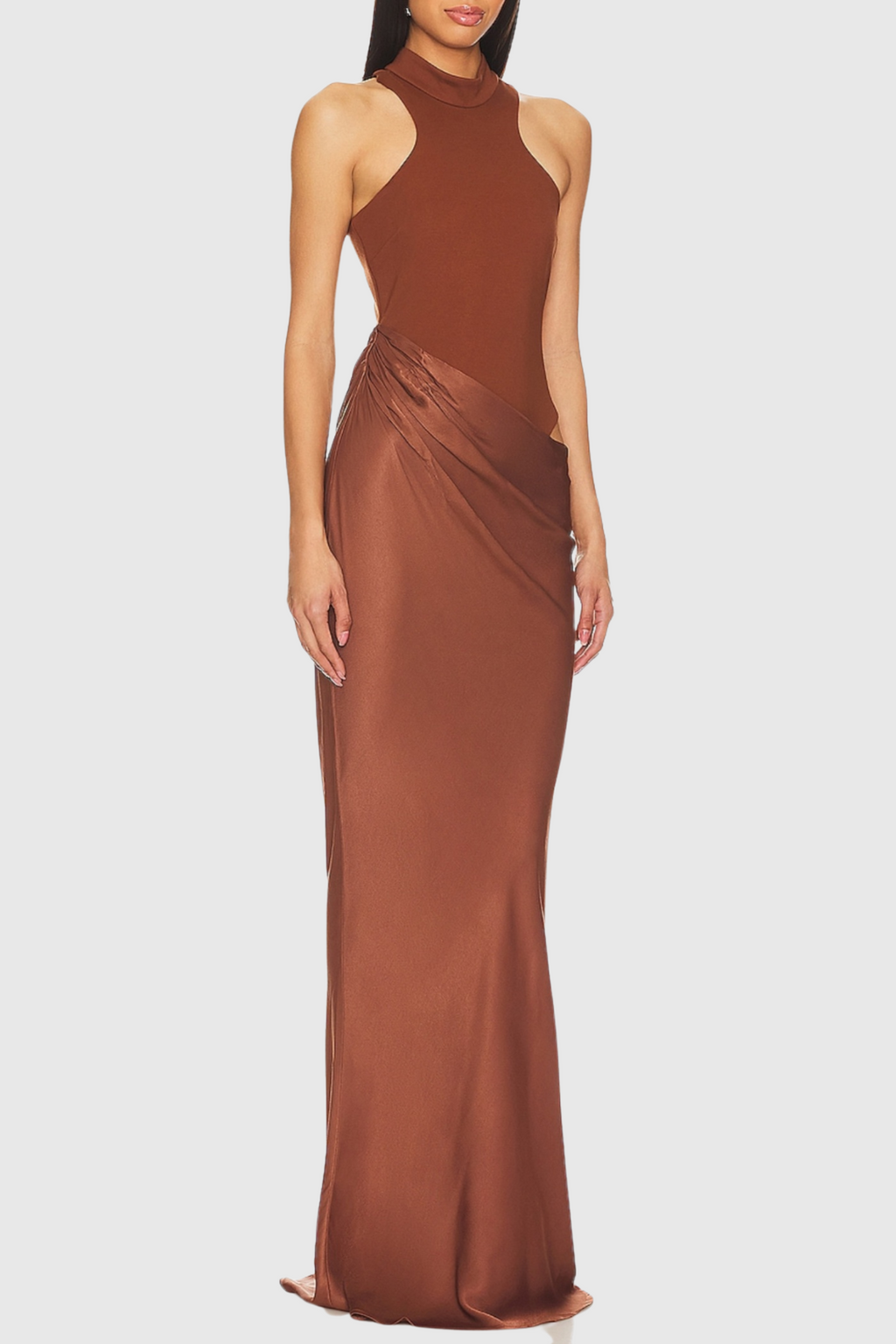 Flowering Girl Women Ilya Asymmetrical Cutout Satin Maxi Dress - Brown