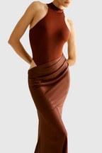 Flowering Girl Women Ilya Asymmetrical Cutout Satin Maxi Dress in Brown