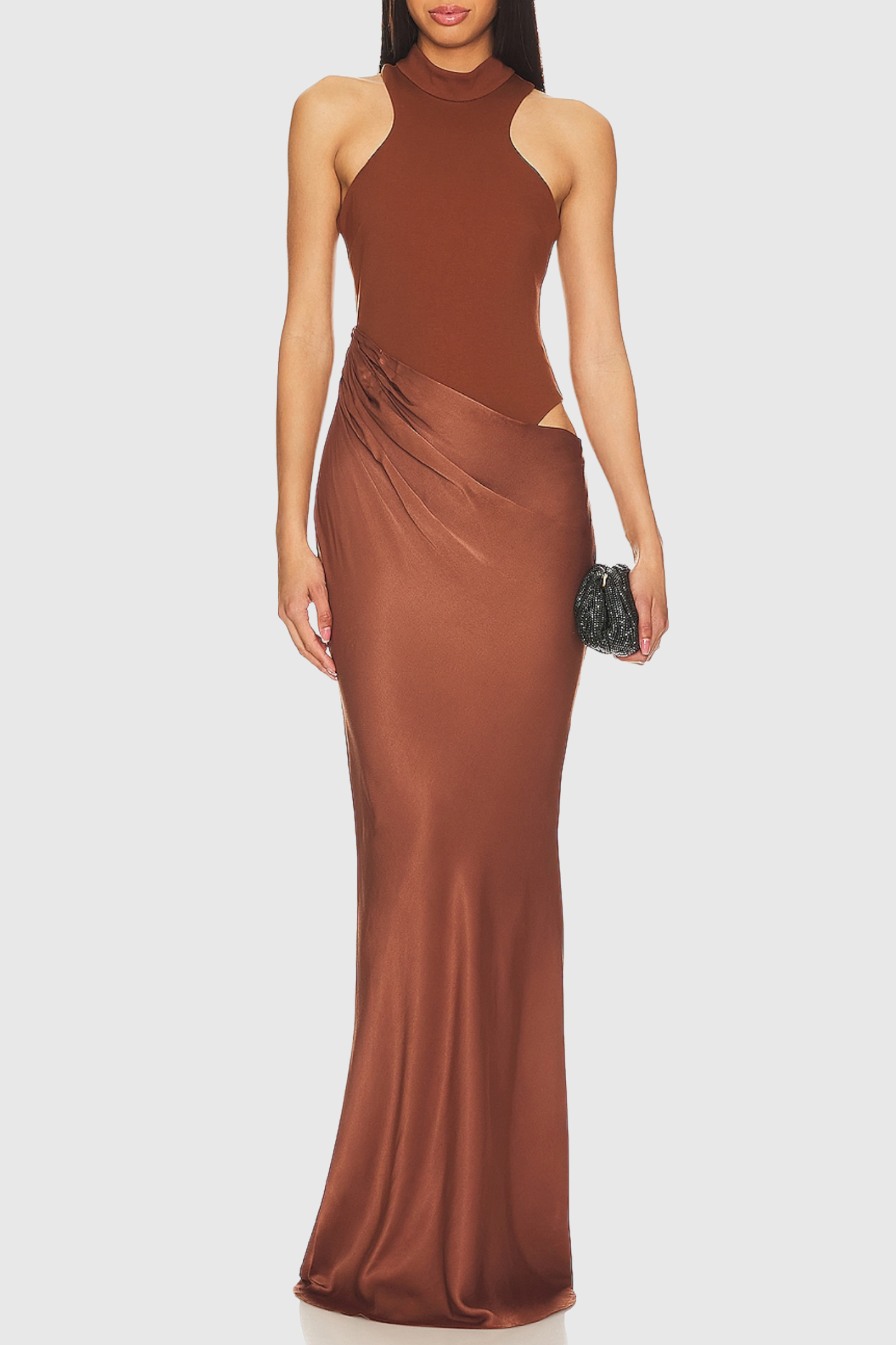 Flowering Girl Women Ilya Asymmetrical Cutout Satin Maxi Dress in Brown