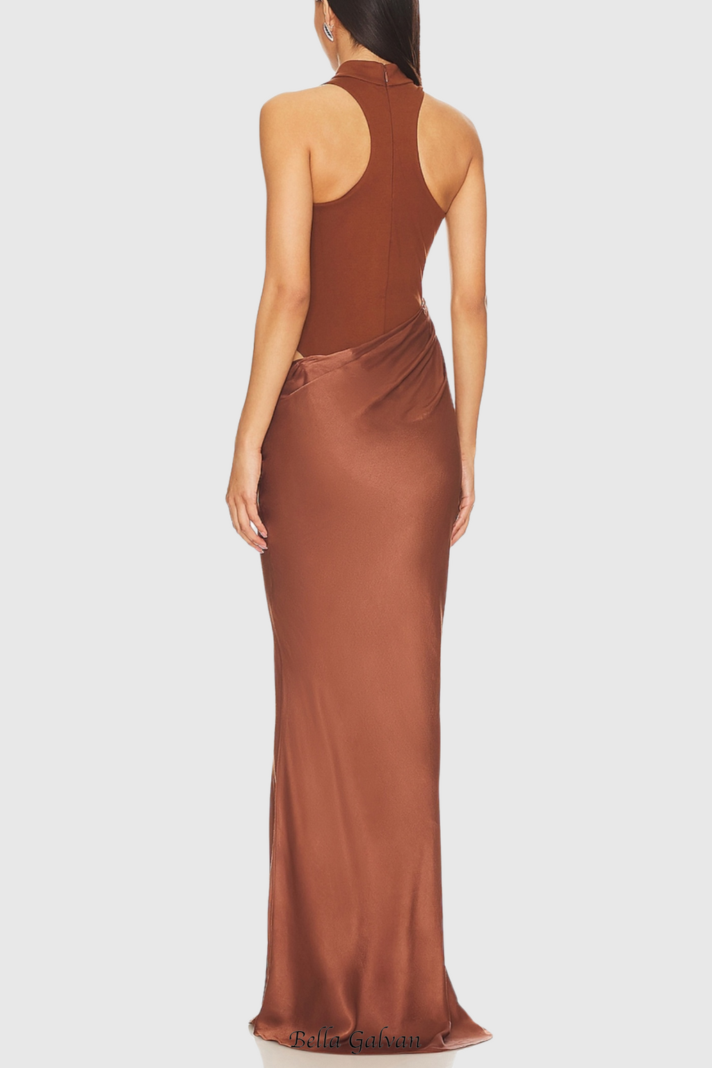 Flowering Girl Women Ilya Asymmetrical Cutout Satin Maxi Dress in Brown