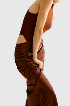 Flowering Girl Women Ilya Asymmetrical Cutout Satin Maxi Dress in Brown