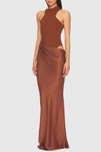 Flowering Girl Women Ilya Asymmetrical Cutout Satin Maxi Dress in Brown