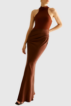 Flowering Girl Women Ilya Asymmetrical Cutout Satin Maxi Dress in Brown