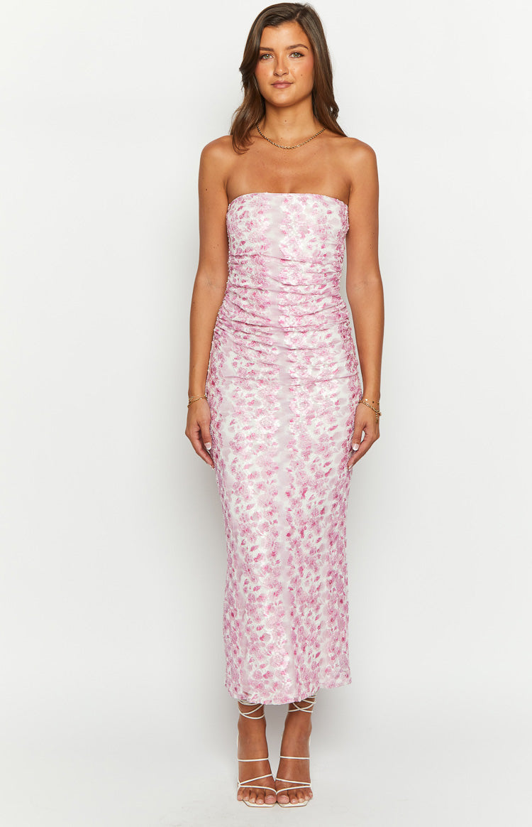 Flowering Girl Women Imogen Pink Floral Print Strapless Maxi Dress