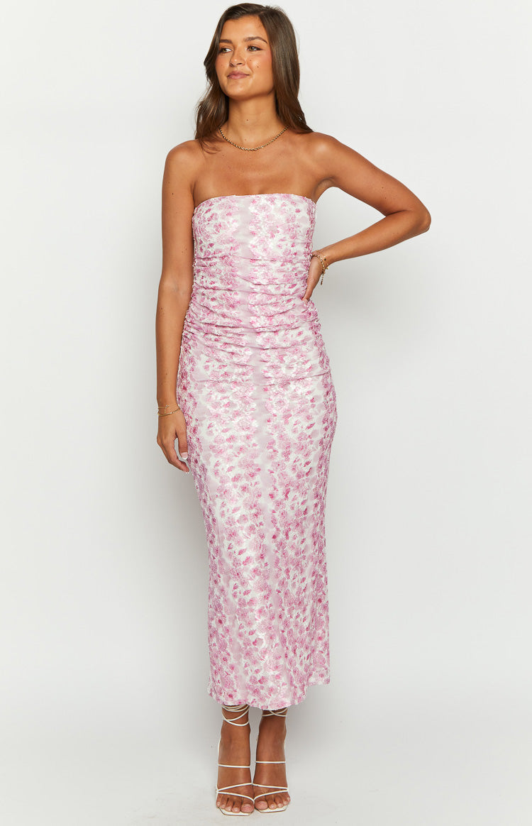 Flowering Girl Women Imogen Pink Floral Print Strapless Maxi Dress