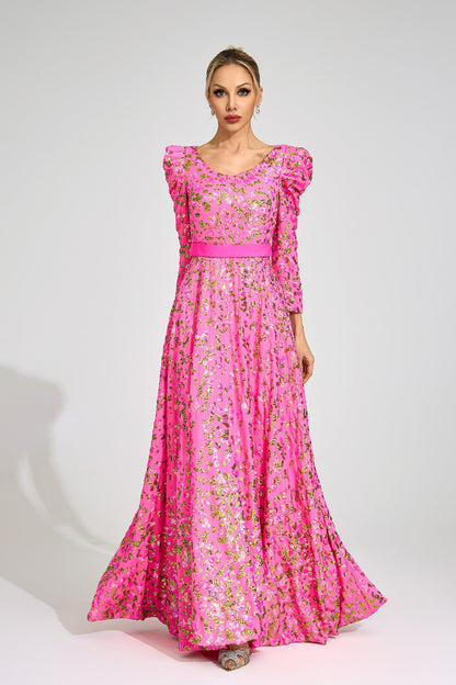 zenobia Rose Red Sequin print Maxi Dress