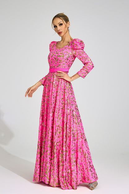zenobia Rose Red Sequin print Maxi Dress