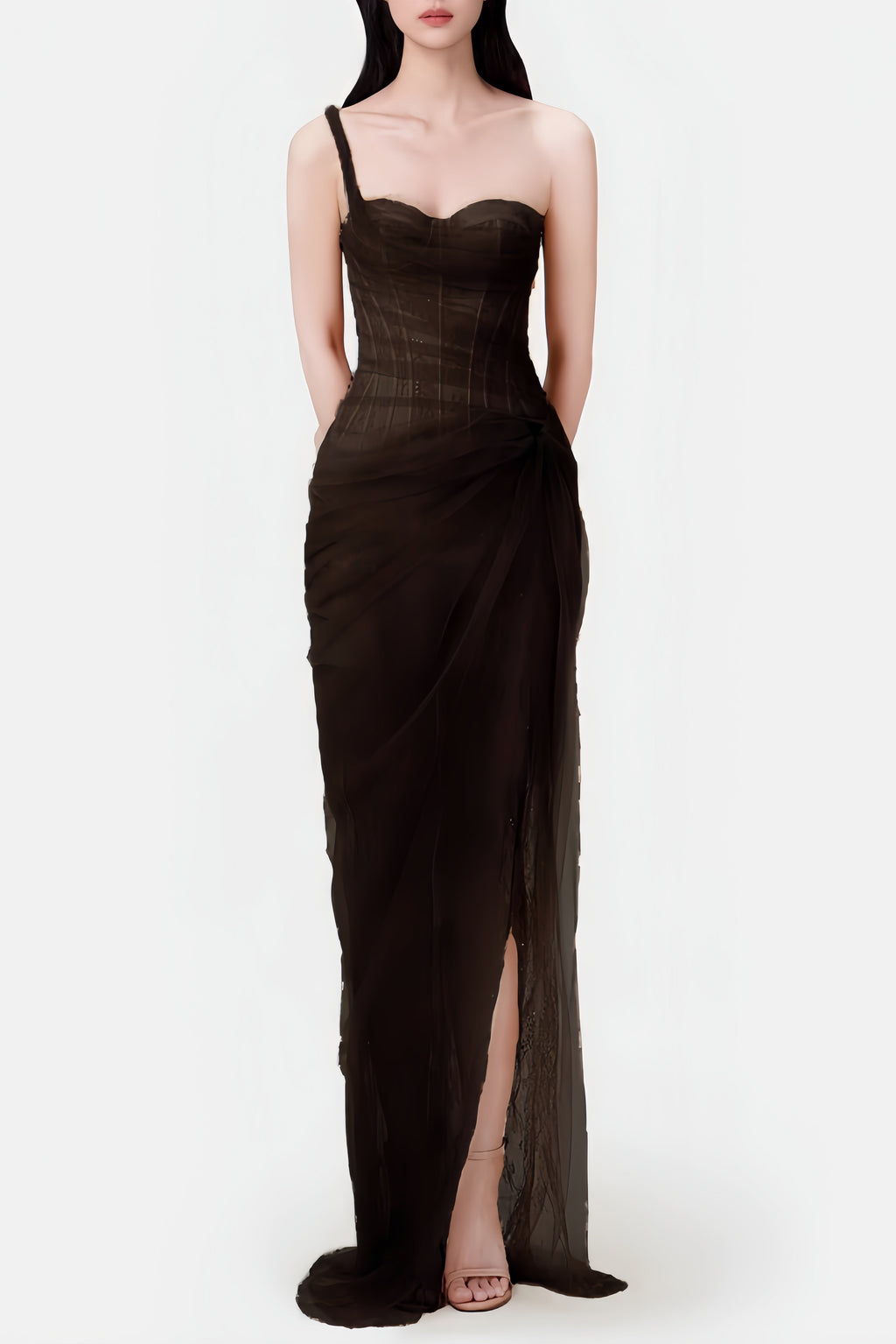 Flowering Girl Women Lace Corset One Shoulder Midi Dress - Black