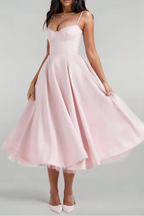 Satin Corset Tulle Layered A-Line Midi Dress - Baby Pink