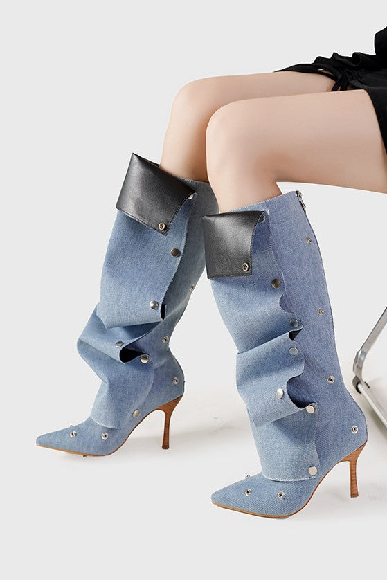 Flowering Girl Women Isabela Appliqué Ruched Denim Knee-high boots - Blue