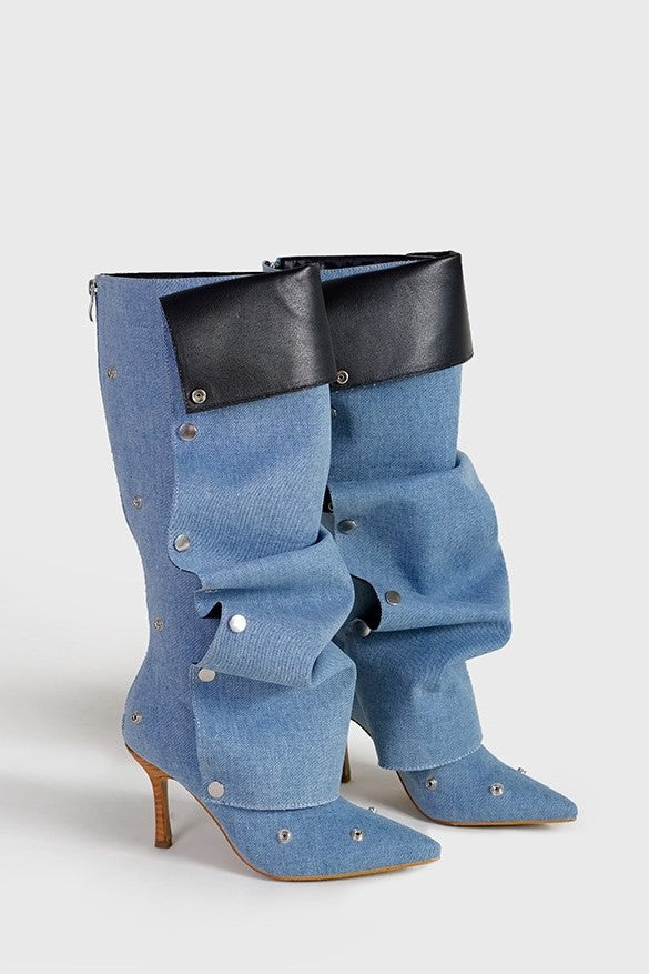 Flowering Girl Women Isabela Appliqué Ruched Denim Knee-high boots - Blue