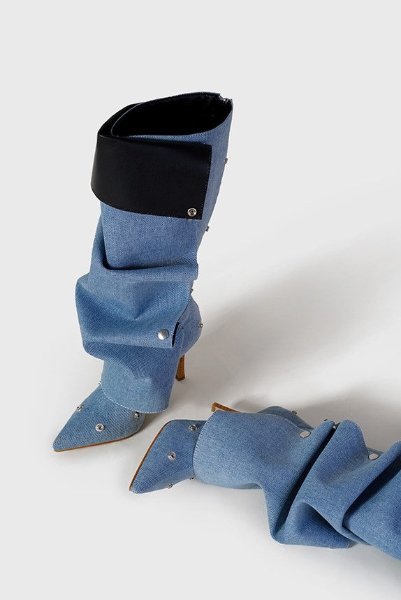 Flowering Girl Women Isabela Appliqué Ruched Denim Knee-high boots - Blue