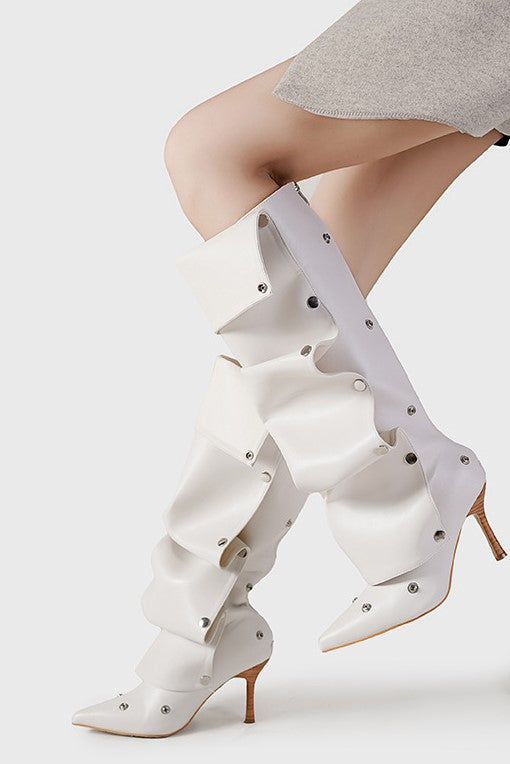 Flowering Girl Women Isabela Appliqué Ruched Knee-high boots - White