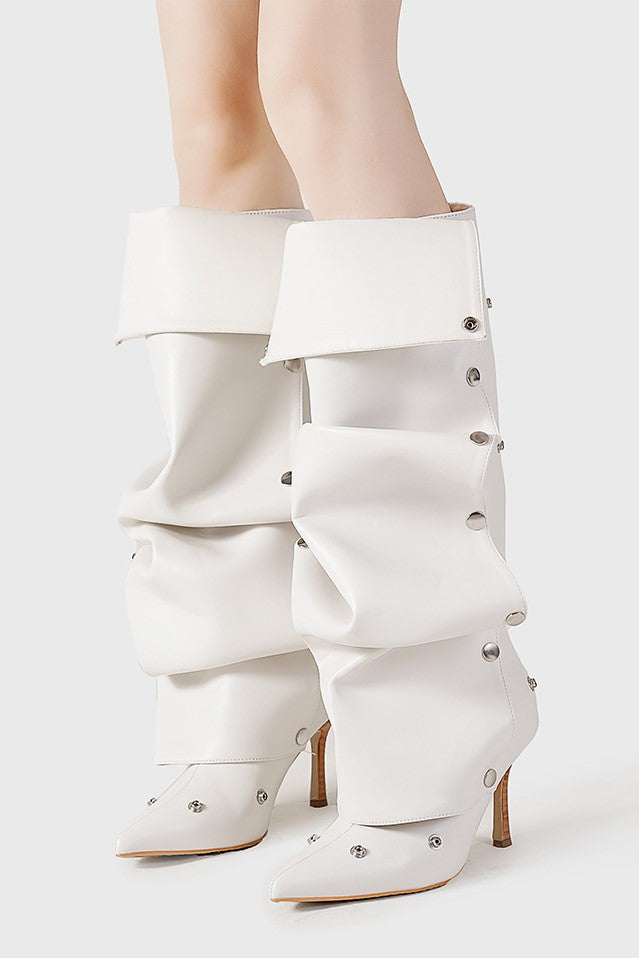 Flowering Girl Women Isabela Appliqué Ruched Knee-high boots - White