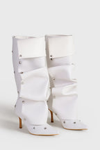 Flowering Girl Women Isabela Appliqué Ruched Knee-high boots - White