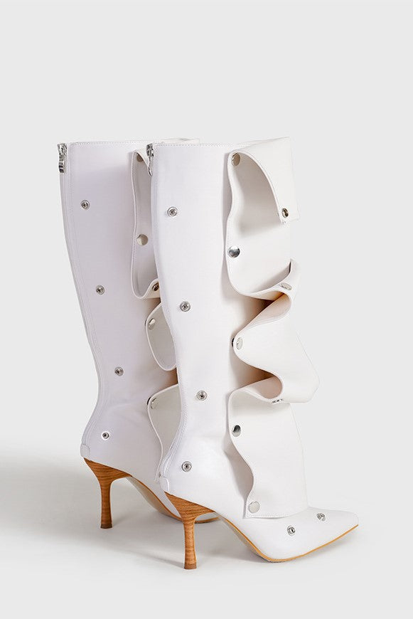 Flowering Girl Women Isabela Appliqué Ruched Knee-high boots - White