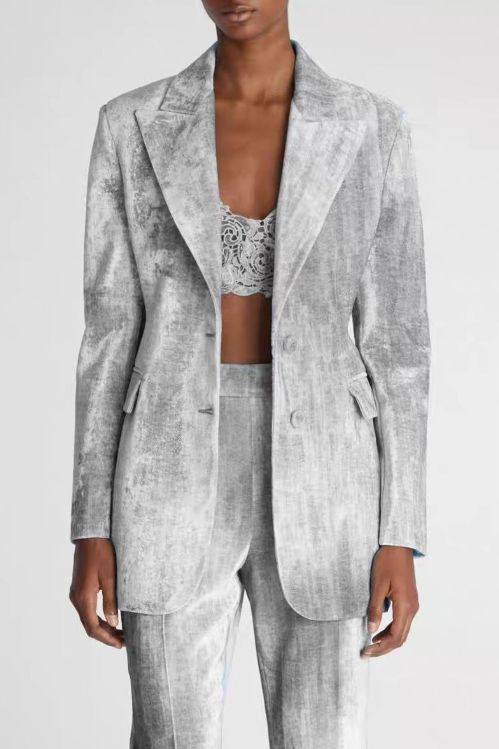 Flowering Girl Women Isleta Print Blazer Two Piece Set - Grey
