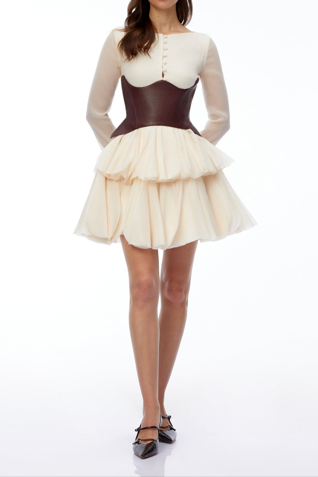 Flowering Girl Women Cream Sheer Long Sleeve Layered Petal Mini Dress with Brown Leather Corset Belt
