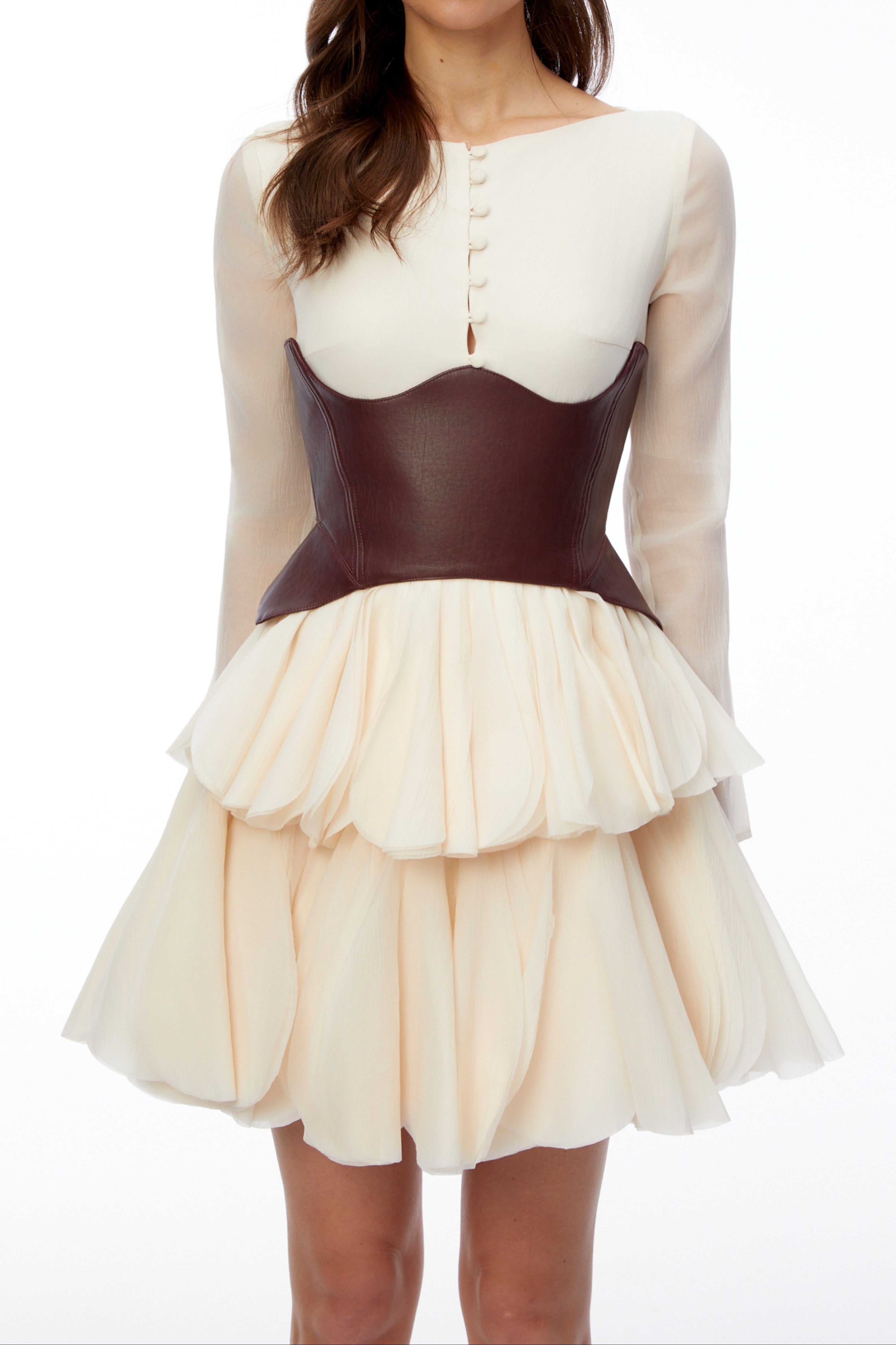 Flowering Girl Women Cream Sheer Long Sleeve Layered Petal Mini Dress with Brown Leather Corset Belt