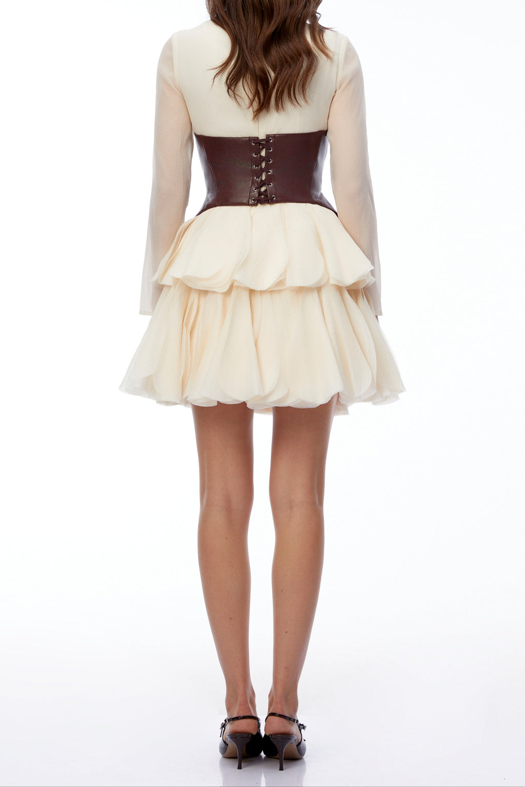 Flowering Girl Women Cream Sheer Long Sleeve Layered Petal Mini Dress with Brown Leather Corset Belt