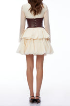Flowering Girl Women Cream Sheer Long Sleeve Layered Petal Mini Dress with Brown Leather Corset Belt