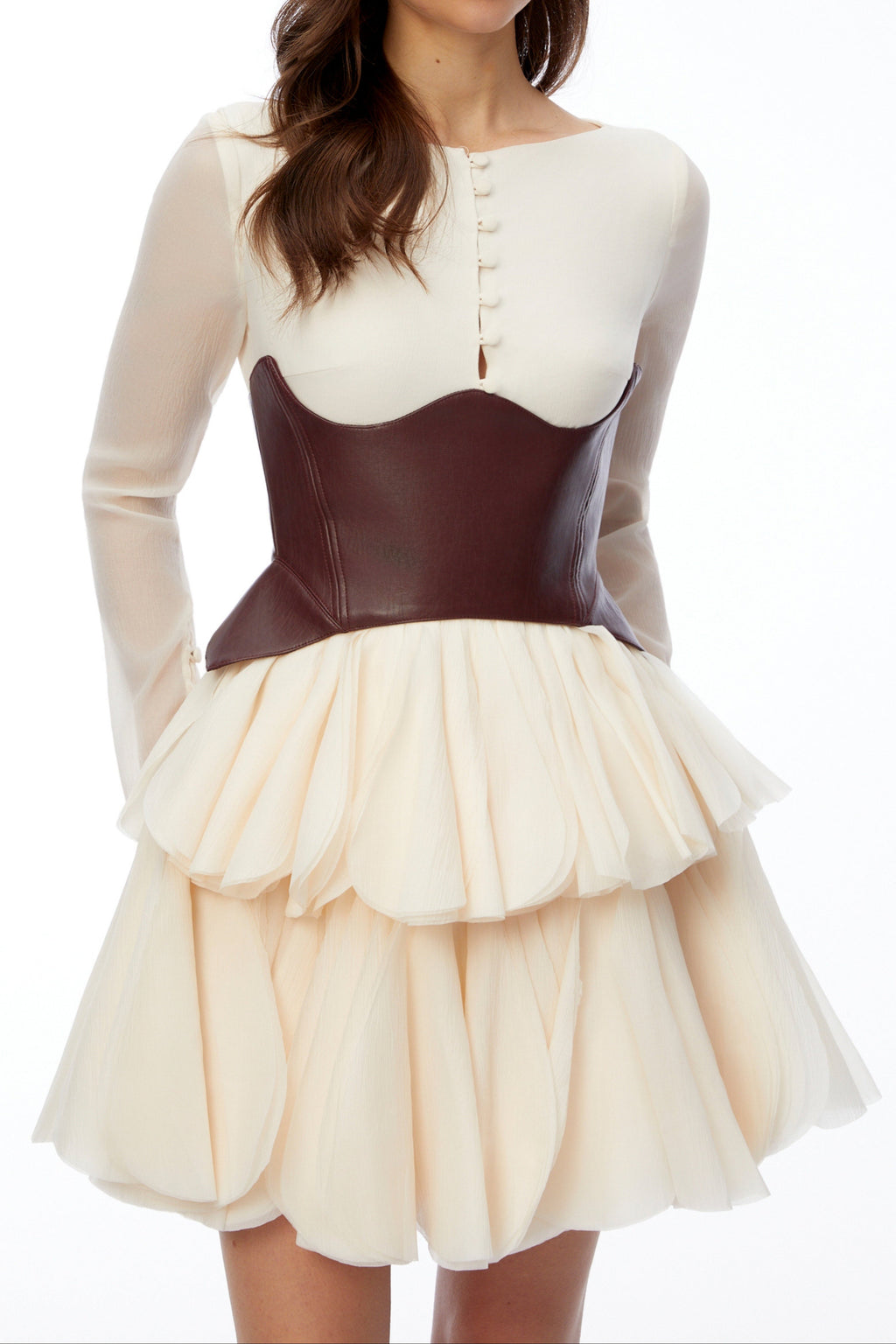 Flowering Girl Women Cream Sheer Long Sleeve Layered Petal Mini Dress with Brown Leather Corset Belt