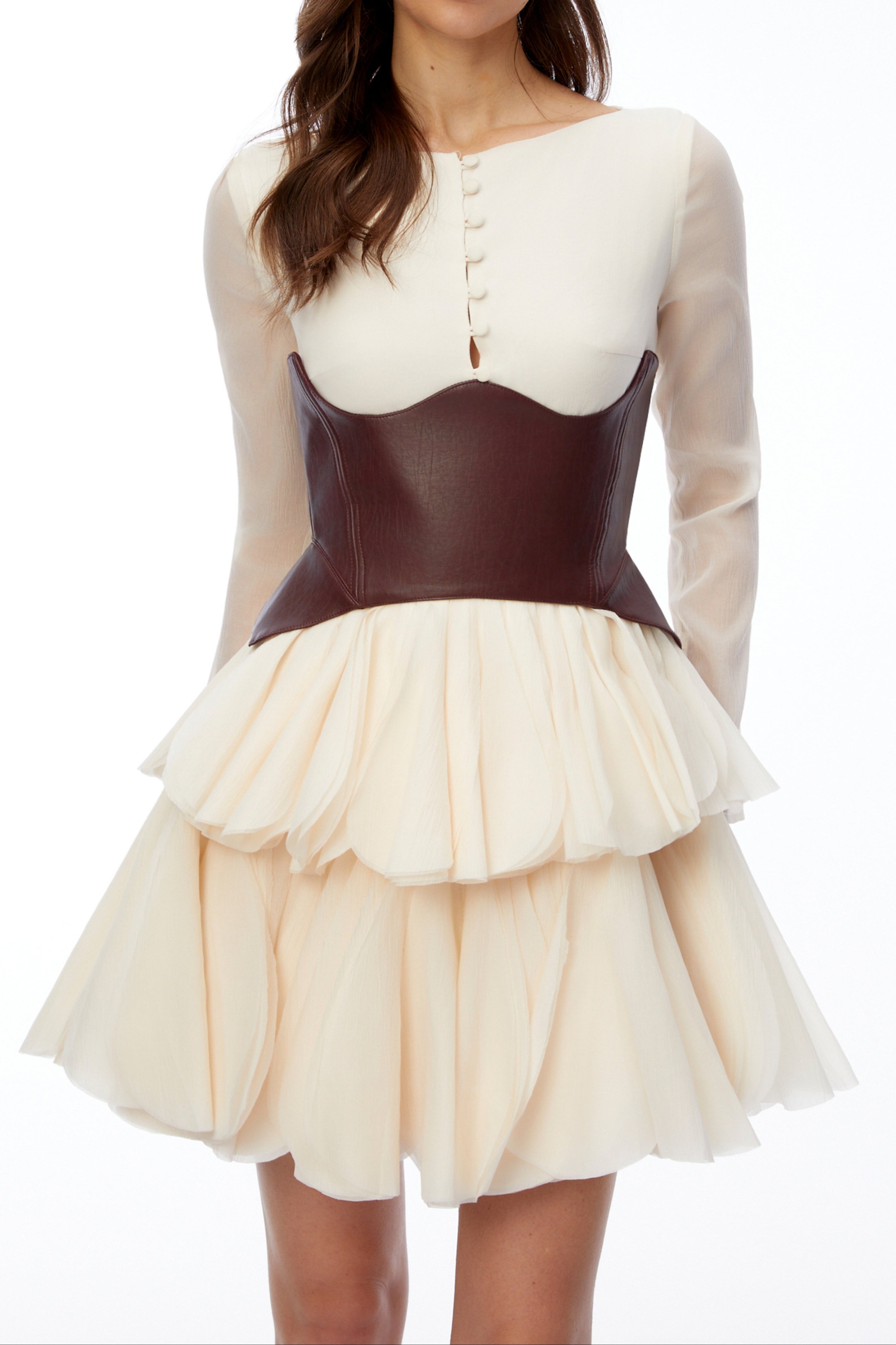 Flowering Girl Women Cream Sheer Long Sleeve Layered Petal Mini Dress with Brown Leather Corset Belt