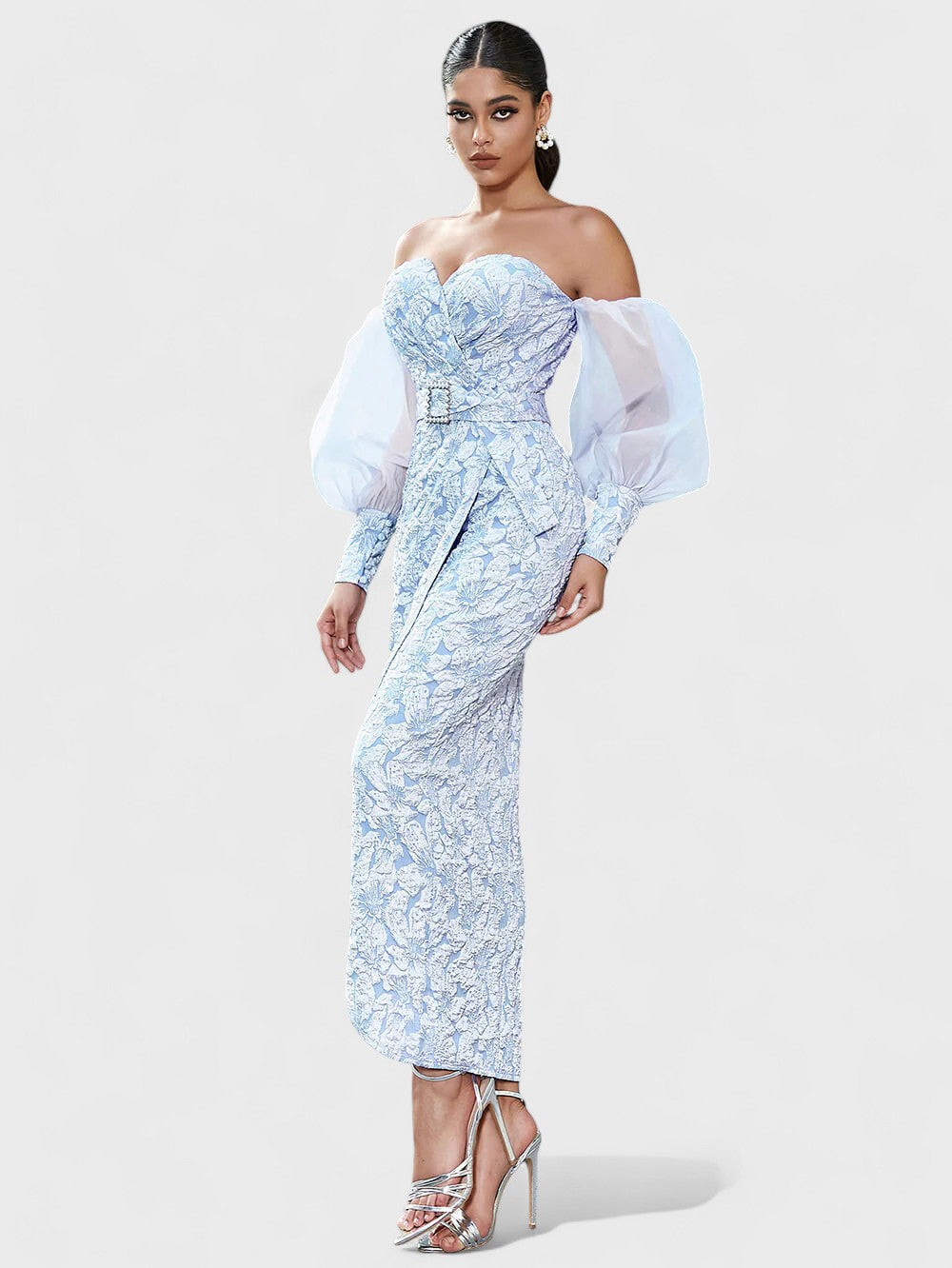 Izobel Off-Shoulder Embroidered Midi Dress – Icy Blue