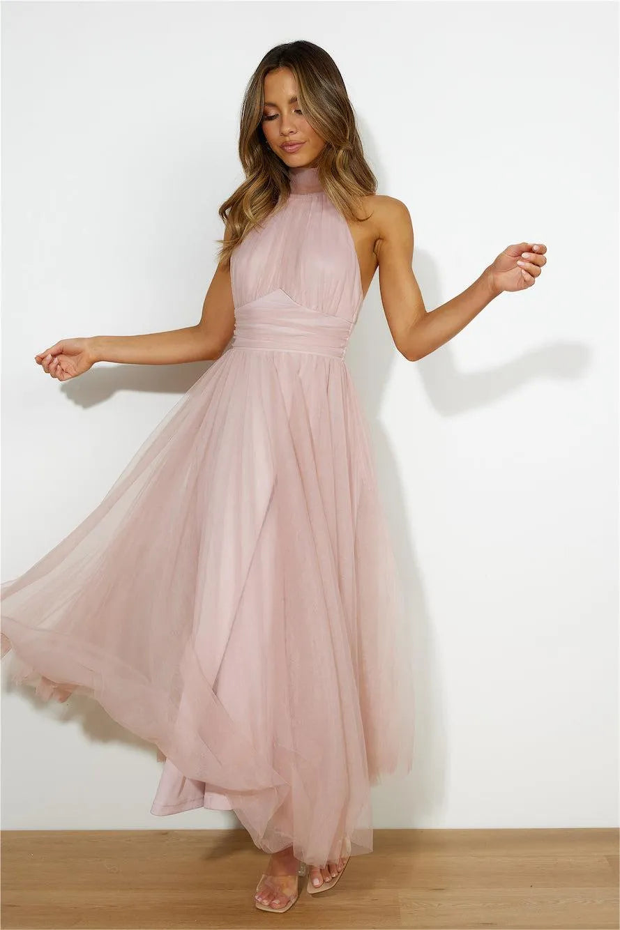 Flowering Girl Women Sleeveless Lace Up Halter Neck Midi Dress Pink